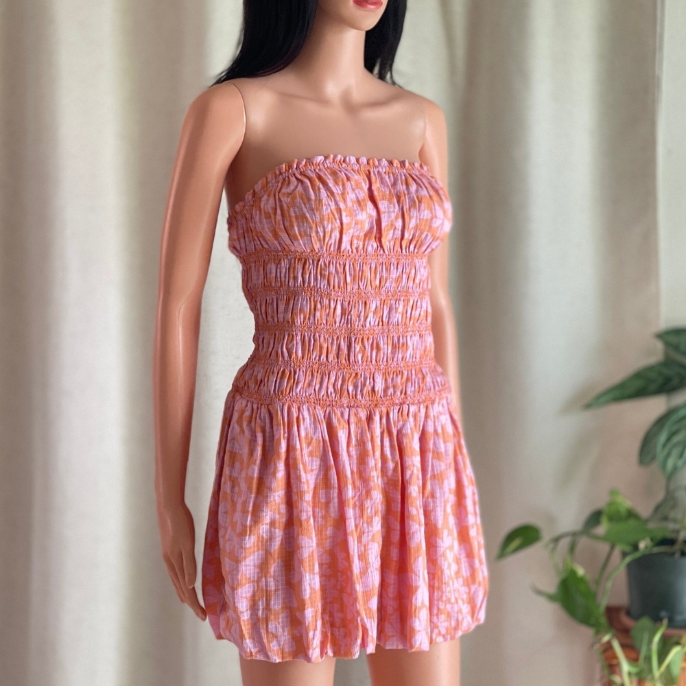 NWT Free People Annalise Smocked Strapless Bubble‎ Hem Mini Dress Orange Pink S